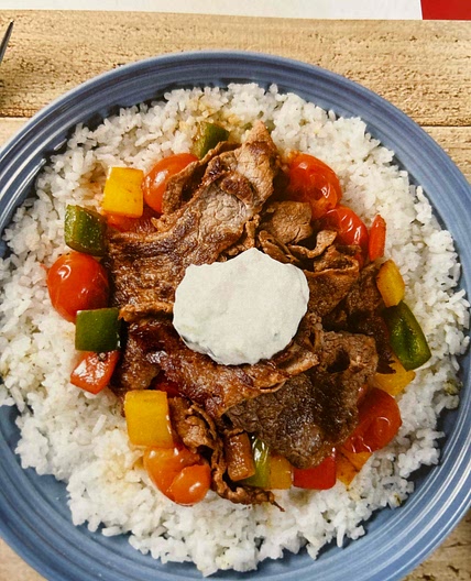 Shawarma style steak strip rice bowl