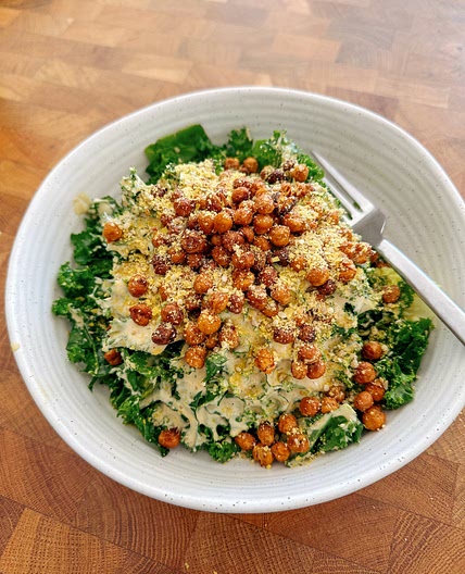 Healthy Sesame Kale Caesar Salad with Crispy Chickpeas