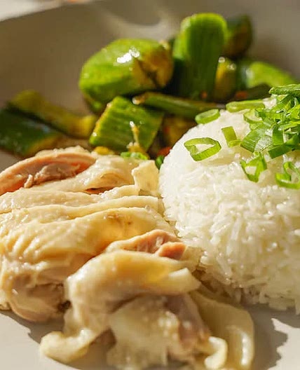 Poached Chicken and Rice with Soy and Vinegar Green Onion Sauce