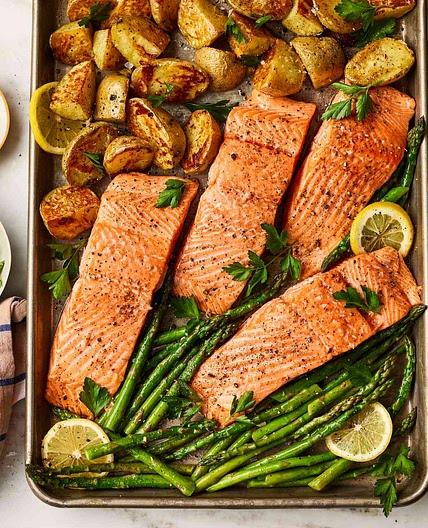 Garlic Butter-Roasted Salmon with Potatoes & Asparagus