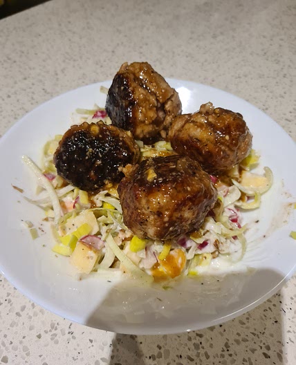 Honey Pork Meatballs with Leek Slaw