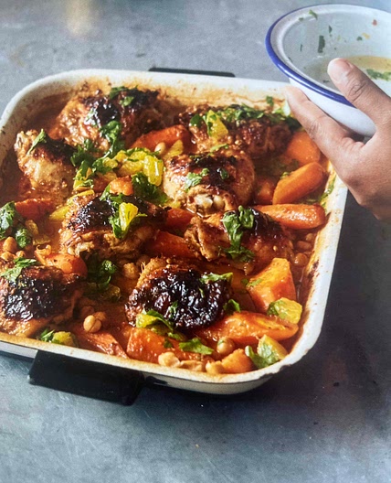 Berbère spiced chicken, carrots and chickpeas