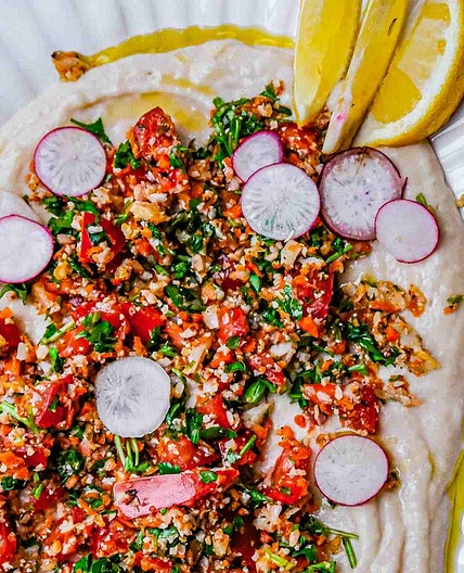 Roasted Vegetable Tabbouleh on Garlicky White Bean Dip
