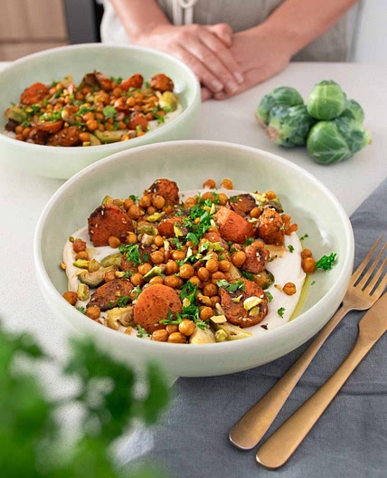 Sweet & Spicy Roasted Veggies on a White Bean Spread