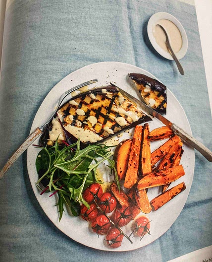 Chargrilled Miso aubergine with sweet potato wedges