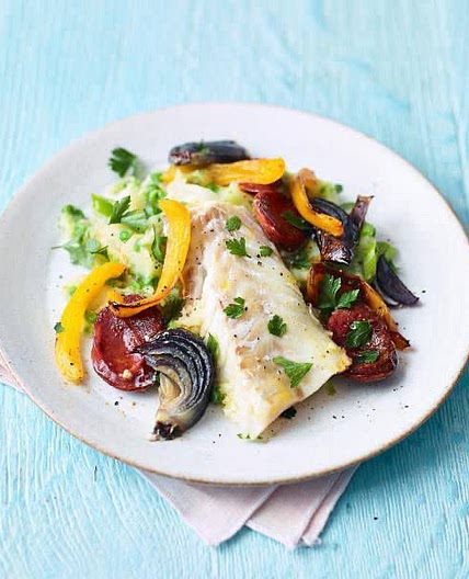 CHORIZO COD WITH PEA & POTATO SMASH