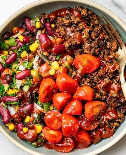 BBQ “Beef” Cucumber Corn Bowl