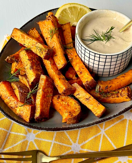 Sweet Potato Wedges with Coconut Tahini dip 