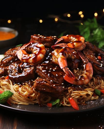 Surf and Turf Teriyaki Noodle Delight – Shrimp & Teriyaki Steak Fusion!