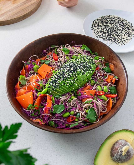 Avocado Soba Noodle Salad with Orange Ginger Dressing
