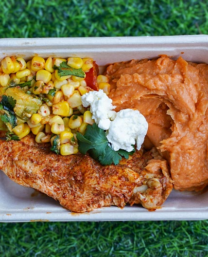 Cajun chicken with sweet potato mash and corn salsa