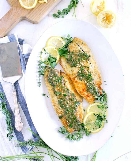 Pan Fried Sea Bass with Lemon Garlic Herb Sauce