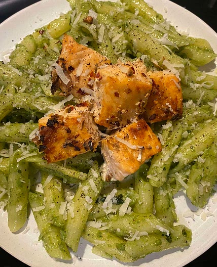 Homemade Pesto Pasta with Spicy Honey Glazed Salmon Bites