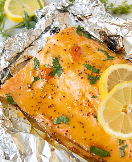 Grilled Salmon in Foil with Sweet Mustard