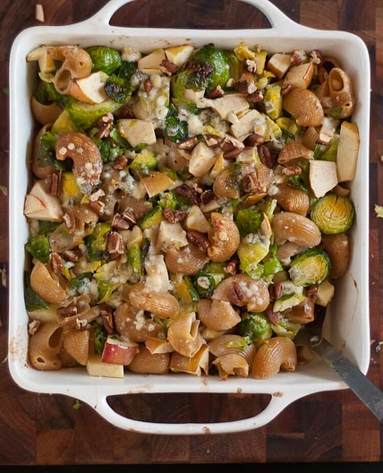 Baked Chiocciole with Brussels Sprouts, Apples and Blue Cheese