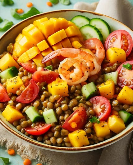 Salade lentilles, mangue, crevettes