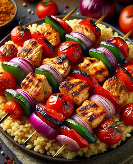 Brochettes de poulet légumes et boulgour