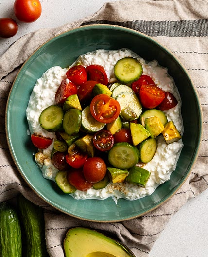Cottage Cheese Salad with Cucumber, Tomato, and Avocado