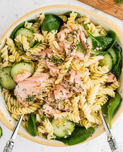 Salmon, Pasta and Salad