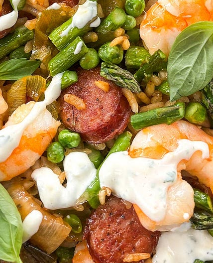 shrimp, sausage, and veggie paella