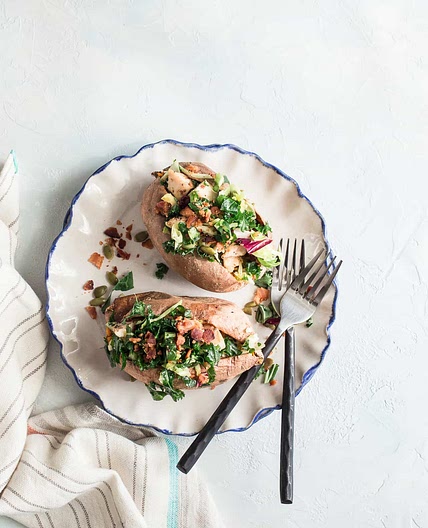 Grilled Chicken & Sweet Kale Salad Stuffed Sweet Potatoes