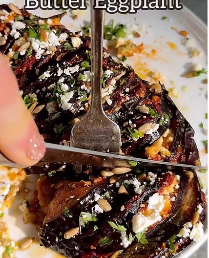 Hasselback Aubergine with tomato butter and feta