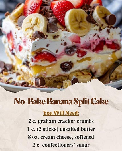 No bake banana split cake 🍌🍍🍒🍘🧈  🍰