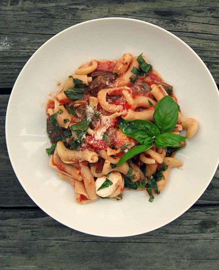 Pasta with Fairytale Eggplant, Tomatoes, Fresh Mozzarella and Basil