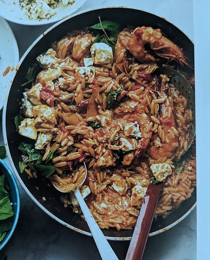 Orzo with prawns, tomato and marinated feta