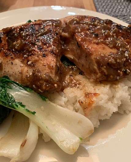 Skillet Chicken with Baby Bok Choy & Rice
