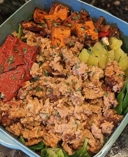 Chopped Burger Bowl with Sweet Potatoes