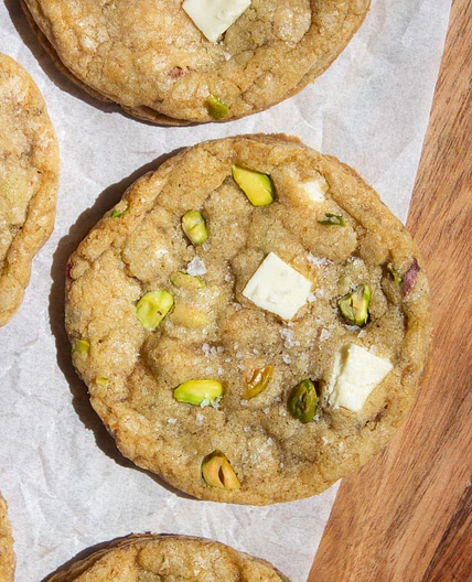 Salted Pistachio White Chocolate Chip Cookies