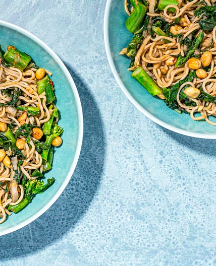 Sesame Ginger Noodles with Stir-Fried Greens & Toasted Peanuts