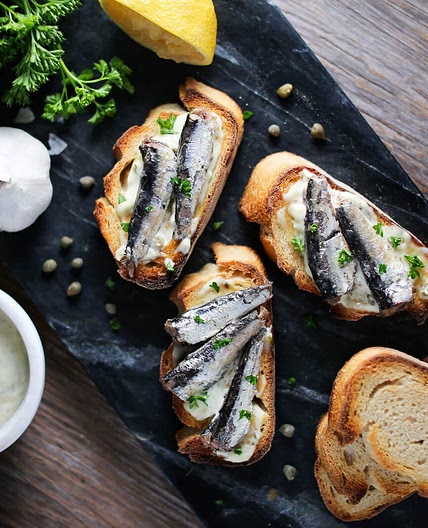 White Anchovies Crostini with Lemon Aeoli
