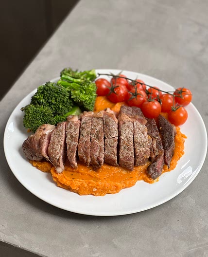Roasted Garlic Sweet Potato with Ribeye Steak