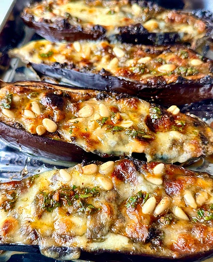 Cheesy Chermoula Aubergines 