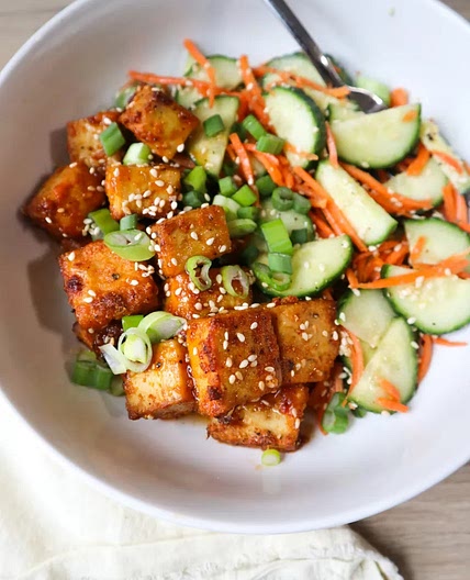 Sweet & Spicy Tofu with Cucumber Salad