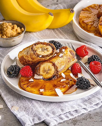 Banana Hazelnut Rolls with Pan-Roasted Pineapple