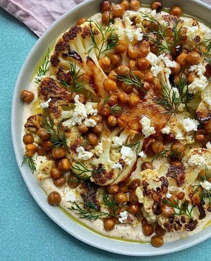 Crispy Chickpeas and Cauliflower over Lemony Tahini Yogurt