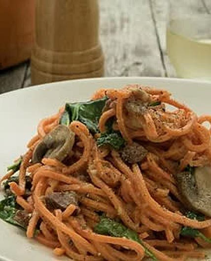 Sweet Potato Carbonara with Spinach & Mushrooms