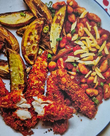 Homemade fish Goujins and cheesy beans