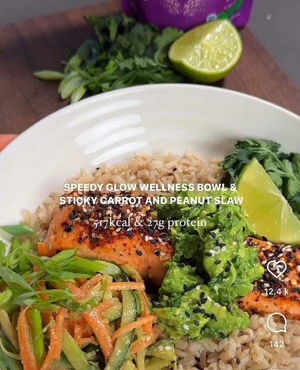Speedy salmon wellness bowl with carrot and peanut slaw