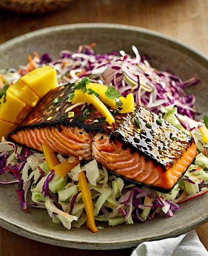 Sticky Jerk Salmon with Mango Slaw Recipe