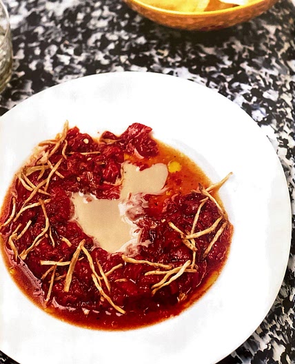 Charred red pepper tartare with crispy ginger dressing