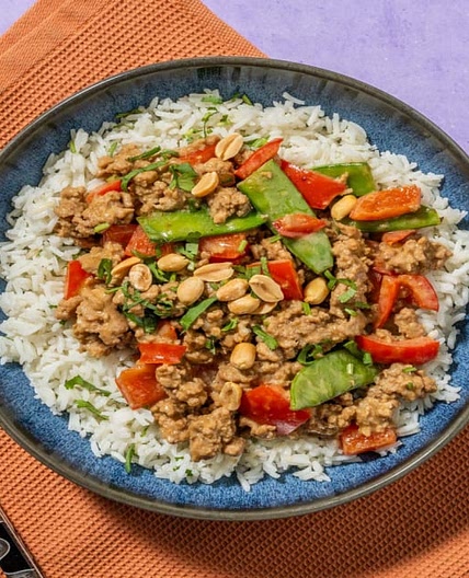 Peanutty Ground Chicken Stir-Fry with Snow Peas and Peppers