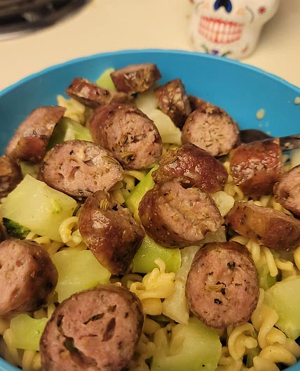 Down the hatch skinny sausage and veggies