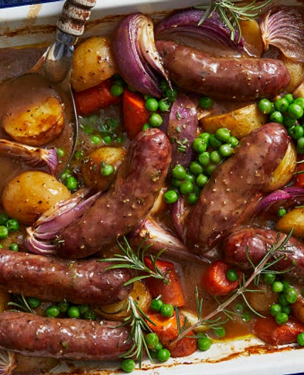Sausage and vegie one-tray wonder (with hands-off gravy)
