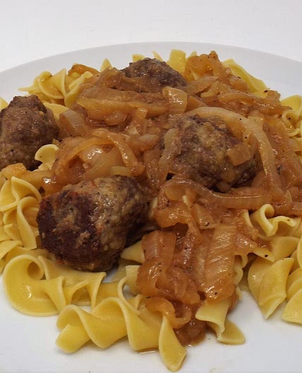 French Onion Meatballs with Egg Noodles