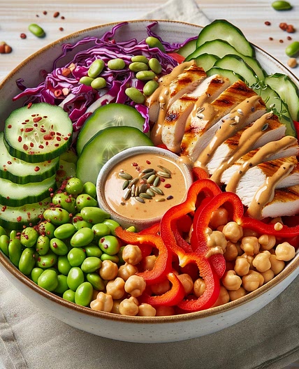 Salade poulet, édamamés, pois chiches