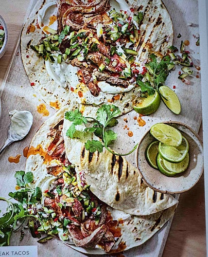 Steak tacos with cucumber salsa